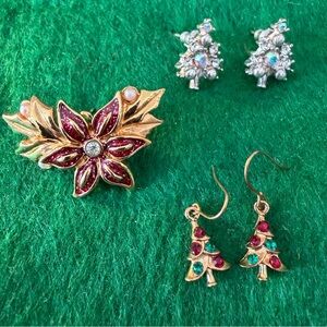Avon Holiday Pin; Christmas Tree Earrings, Set of 3